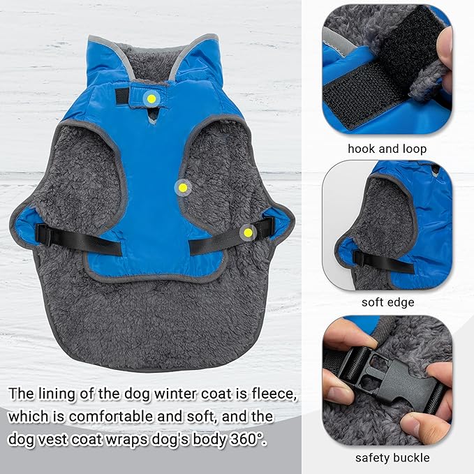 Dog Winter Coat - Warm Dog Clothes for Rain Snow Wind Cold Weather - Reflective Blue Adjustable Windproof Pet Vest Jacket with Leash Hole for Small Medium Large Dogs Indoor Outdoor