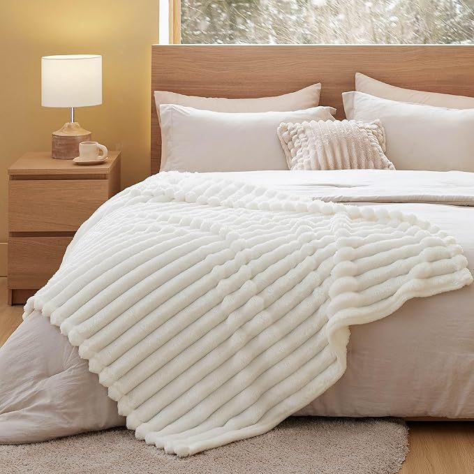 Bedsure Twin Blanket for Bed - Super GentleSoft Cozy Blankets for Women, Cute Small Fleece Throws for Girls, White，60x80 Inches, Wider Striped Design