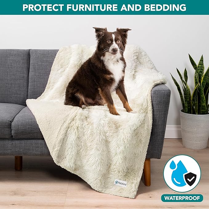 PetAmi Waterproof Dog Blanket for Small Medium Dogs, Calming Fleece Cat Blanket, Couch Protector Washable Sherpa Faux Fur Pet Throw for Puppy, Soft Reversible 29x40 Cream Beige