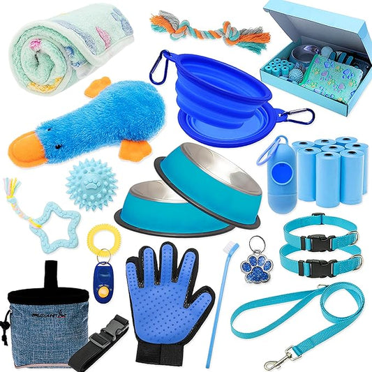 FLYSTAR Puppy Starter Kit for Small Dogs, 26 pcs Include Dog Toys, Collar and Leash, Training Clicker, Treat Bag, Poop Waste Bag with Dispenser, Blanket, Grooming Glove, Bowls, Toothbrush, etc