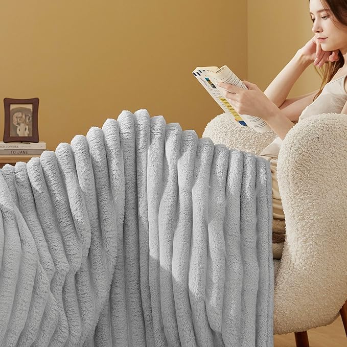 Bedsure Throw Blanket for Couch - 350GSM Super GentleSoft Fuzzy Fluffy Cozy Fleece Blankets for Women, Cute Small Plush Throws for Girls, Light Grey, 50x60 Inches, Wider Striped Design