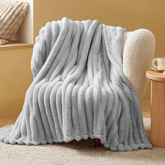 Bedsure Twin Blanket for Couch - 350GSM Super GentleSoft Fuzzy Fluffy Cozy Blankets for Women, Cute Small Plush Fleece Throws for Girls, Light Grey，60x80 Inches, Wider Striped Design