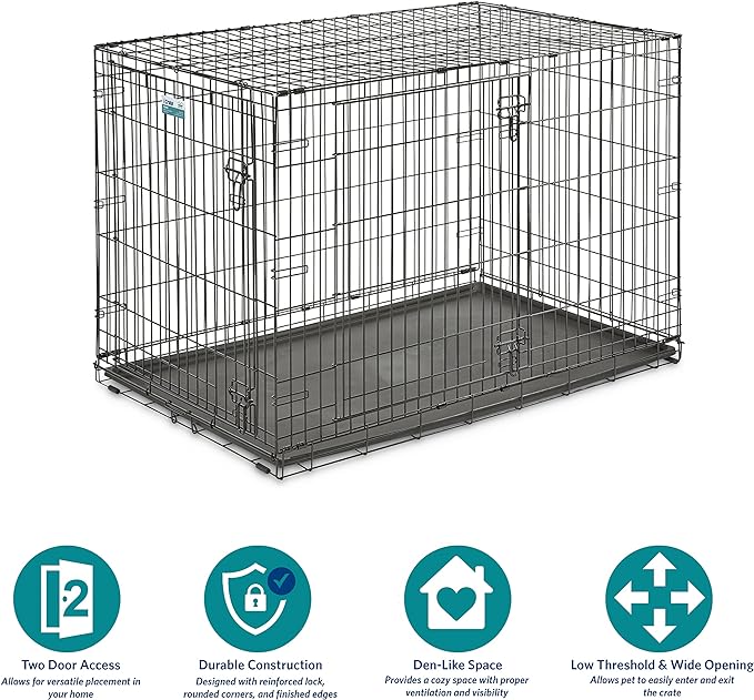 MidWest Homes for Pets 48-Inch iCrate for Extra-Large Breeds, 90-110 lbs, Double Door Folding Dog Crate with Divider Panel, Leak-Proof Tray & Secure Latches, Portable, Durable & Easy to Assemble