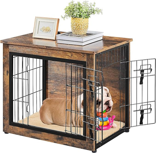 Yaheetech 27.5 Inch Dog Crate Furniture with Cushion, Wooden Dog Kennel with Double Door Side End Table with Adjustable Feet for Small Medium Dogs