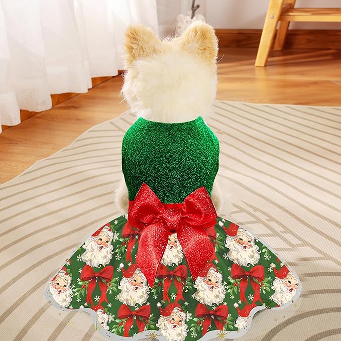 Christmas Dog Dress, Festive Holiday Pet Outfit, Shiny Green Top with Glittery Red Bow and Santa Claus Print Skirt for Boys and Girls Small Puppies