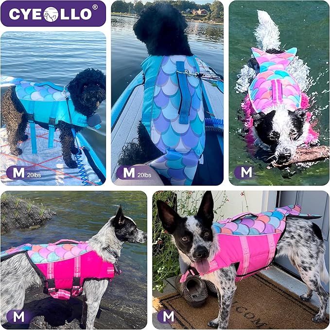 cyeollo Dog Life Jacket Mermaid Safety Dog Vest with Rescue Handle for Swimming Boating Dogs Life Jacket for Small Dogs