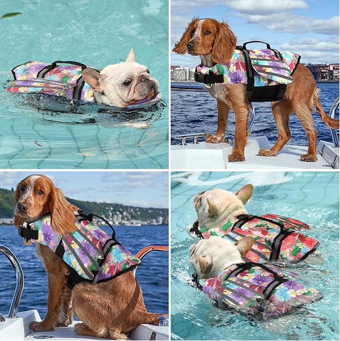 Dog Life Jacket, Wings Pet Life Vest for Swimming Boating Reflective Dog Flotation Swim Vest with Handle and Chin Float for Small Medium Large Size Dogs, XL, Floral Purple