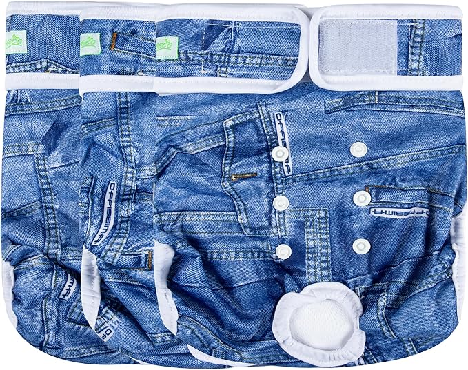 wegreeco Washable Female Dog Diapers Highly Absorbent Reusable Diapers for Dog in Heat Period, 3 Pack (Blue Jeans, XX-Large)