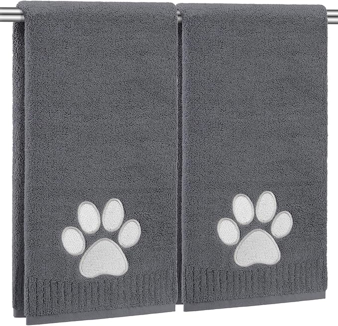 2 Pcs Dog Paw Hand Towels Dark Grey Bathroom Decor 13 x 29 Inch 100% Cotton Embroidered Hand Towels Soft Absorbent Farmhouse for Kitchen Restroom