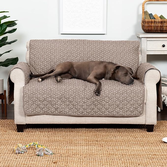 Furhaven Water-Resistant & Reversible Loveseat Cover Protector for Dogs, Cats, & Children - Quilted Polka Paw Living Room Furniture Cover - Biscuit Brown, Loveseat