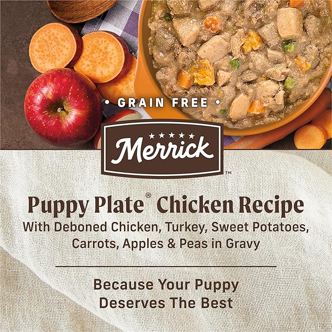 Merrick Grain Free Wet Puppy Food, Premium Soft And Gluten Free Canned Dog Food, Puppy Plate Chicken Recipe - (Pack of 12) 12.7 oz. Cans