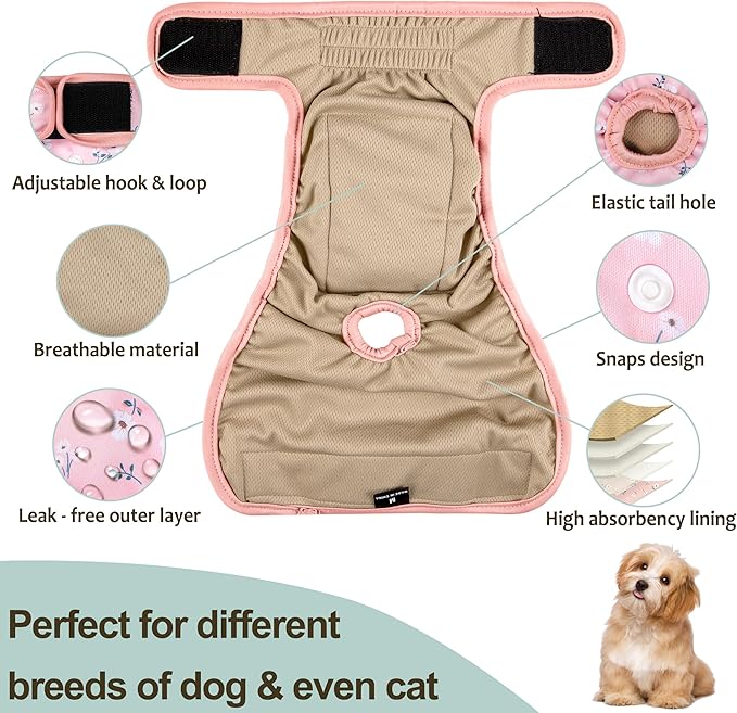 Female Dog Diapers 5Pcs - Premium Reusable Diapers for Doggie in Heat - Highly Absorbent Dog Diapers Female for Pet Incontinence with Adjustable Snaps,Flowers XL