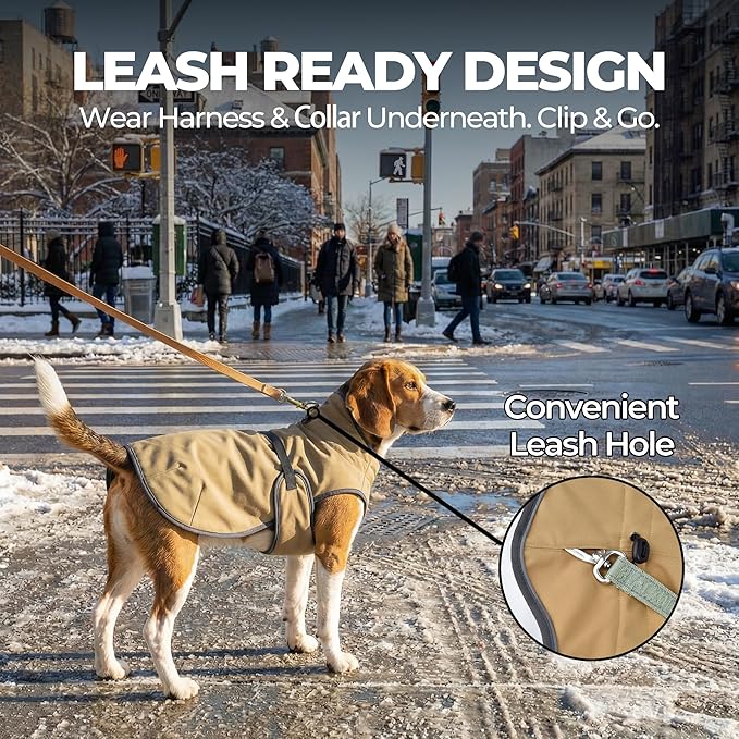 Dog Winter Vest with Fur-Safe Buckle (No Hook & Loop), Water-Repellent Fleece Lined Jacket, 360° Reflective, Leash Hole & Leg Straps, Adjustable for Hiking & Active Dogs (Brown, Small)
