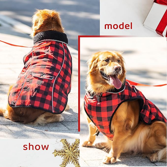 Dog Winter Coat - Warm Dog Clothes for Rain Snow Wind Cold Weather - Reflective Plaid Adjustable Windproof Pet Vest Jacket with Leash Hole for Small Medium Large Dogs Indoor Outdoor