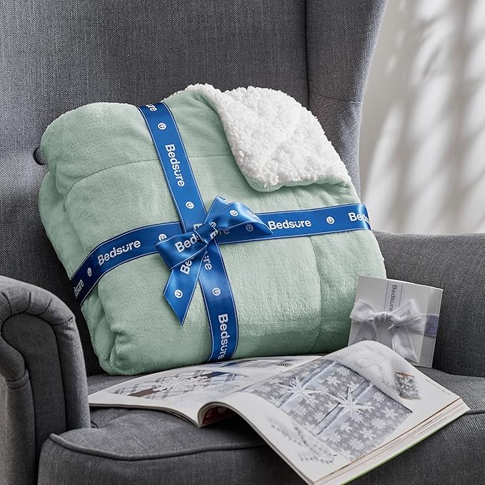 Bedsure GentleSoft Sherpa Fleece Blanket Queen Size for Bed, Non-Heated, Thick and Warm Throw for Women and Men, Soft Fuzzy Plush Queen Blanket for Spring, Sage Green, 90x90 Inches