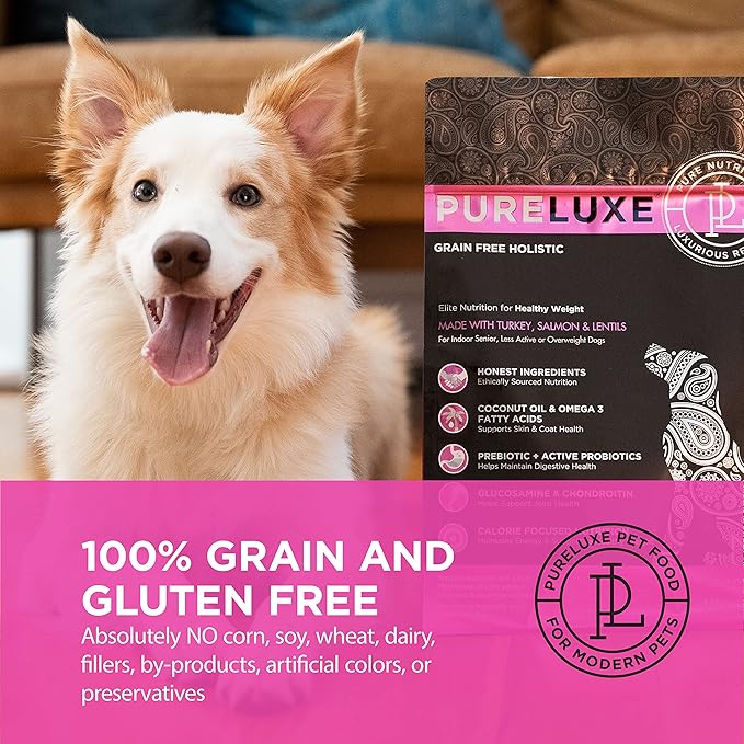 PURELUXE Grain and Gluten Free Dog Food, Healthy Weight Elite Nutrition, Turkey, Salmon and Lentils, for Indoor Senior, Less Active or Overweight Dogs at All Life Stages, Made in The USA, 4lbs