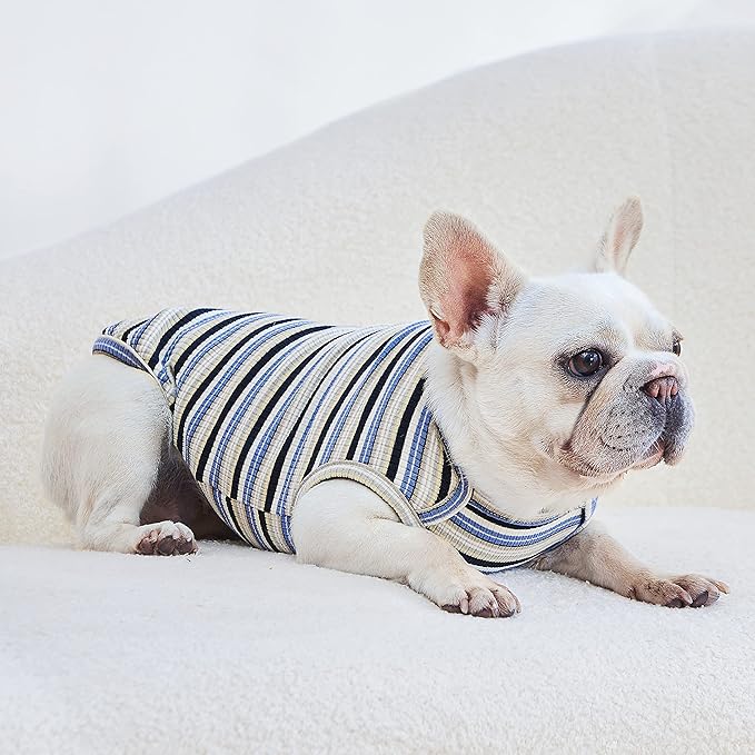 Dog Shirts Vest Cotton Striped T-Shirt, Sleeveless Stretchy Pet Clothes for Small Dogs, 2-Pack Soft Breathable Puppy Tank Top Cat Tee (Small, Blue,Yellow)
