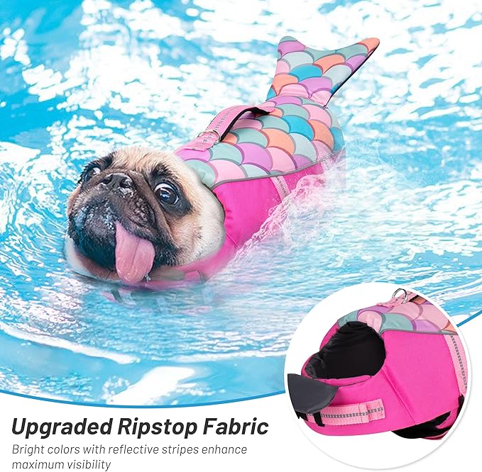 cyeollo Dog Life Jacket Mermaid Safety Dog Vest with Rescue Handle for Swimming Boating Dogs Life Jacket for Small Dogs