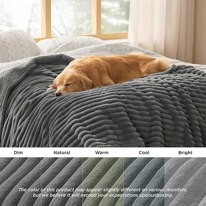 Bedsure ComfyFleece™ Waterproof Blanket for Bed - Soft Plush Dog Blankets for Large Dogs Corduroy Fleece Washable, Cozy Calming Reversible Furniture Protection for Pet Cat,86"x108", King, Warm Grey