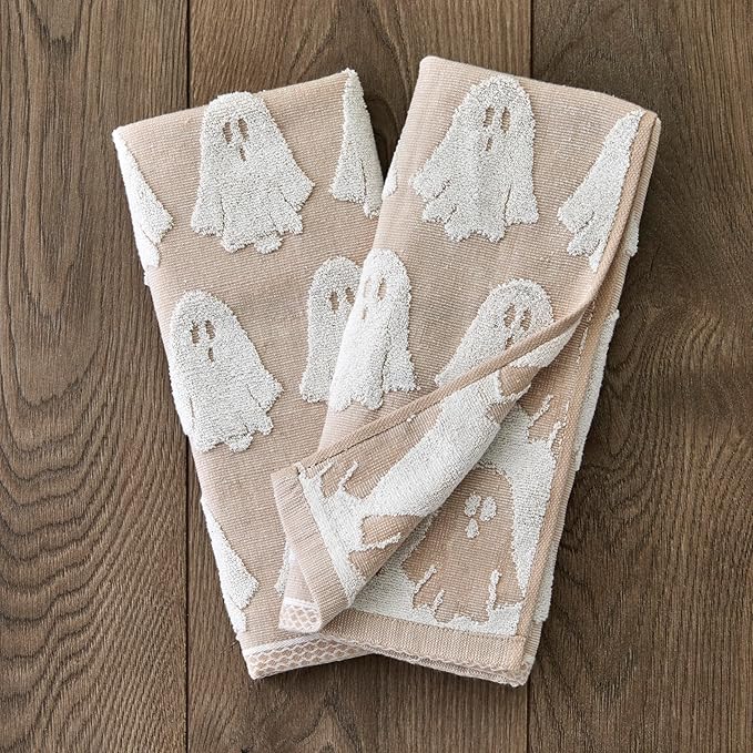 SKL Home Halloween Ghost Jacquard 100% Cotton Reversible 2pc Hand Towel Set, Soft & Absorbent, Decorative for Bath/Kitchen/Bar & Gift, Tan