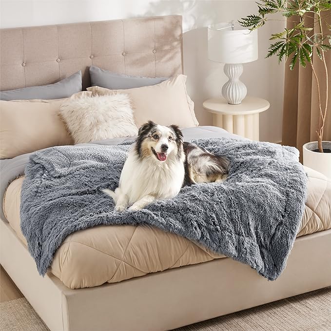 Bedsure Waterproof Dog Blankets for Large Dogs - Cat Blanket for Couch Protector Washable Long Faux Fur,Calming Soft Reversible Throw Furniture Protection for Puppy Pet, 50"x60", Grey