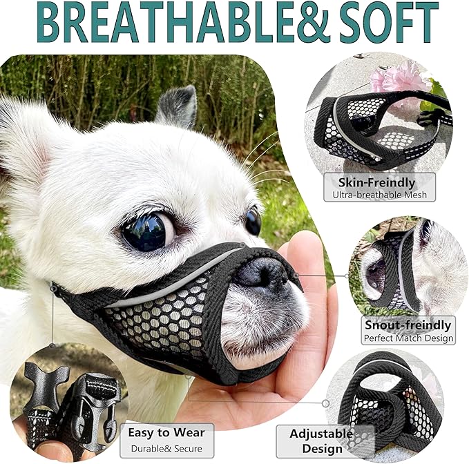 Dog Muzzle, Soft Mesh Muzzles for Small Dogs, Chihuahua Shih Tzu Yorkie Pom, Short Snout Mouth Guard for Barking Biting Grooming, Breathable Adjustable Puppy Muzzle (Black, XS)