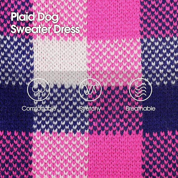 Dog Sweater Dress Plaid Knitwear for Small Medium Dogs Warm Puppy Pet Turtleneck Stretch Pullover Cute Fall Winter Vest Clothes with Leash Hole for Christmas (Navy, XS)