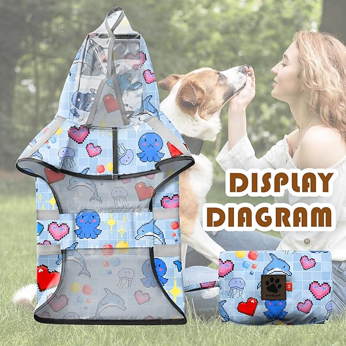 Dog Raincoat, Adjustable Rain Jacket with Hooded Double Layer for Large Medium Small Dogs Puppies, Lightweight Waterproof Rain Coat Poncho with Reflective Stripe Ocean Dolphin Blue,M