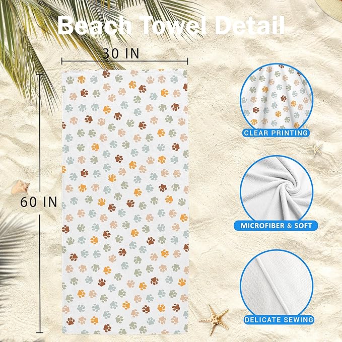Boho Paws Dog Pet Beach Towel Gifts for Women Dog Lovers Owner, Funny Cute Quick Dry Travel Sand Free Beach Towels Oversized Decor for Bathroom Swimming Pool 30x60in