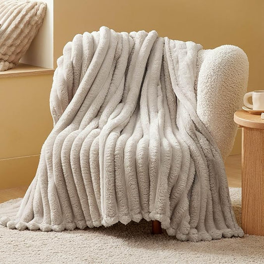 Bedsure Twin Blanket for Couch - 350GSM Super GentleSoft Fuzzy Fluffy Cozy Blankets for Women, Cute Small Plush Fleece Throws for Girls, Linen，60x80 Inches, Wider Striped Design