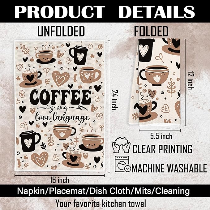 Trendy Coffee Kitchen Towels Set of 2, Coffee Lover Gifts Ideas Dish Tea Hand Towels for Kitchen Bar Station Shop Decor, Barista Towels, Barista Gifts, 16x24 Inch