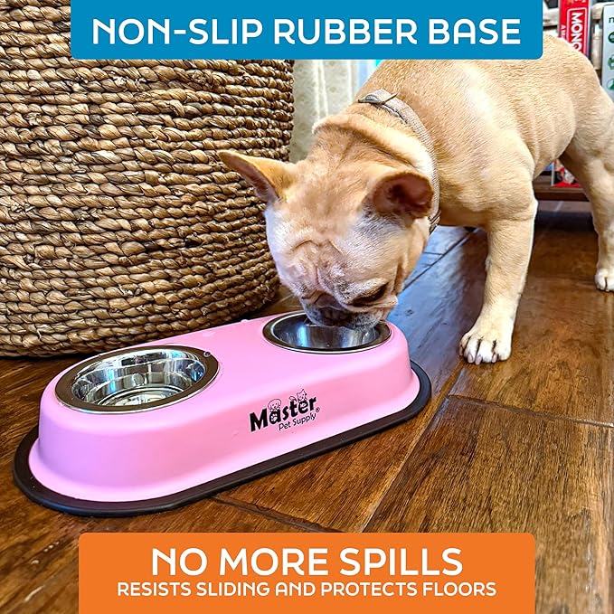 Master Pet Supply Double Dog Bowls Set with Elevated Base and 2 (8 oz) Stainless Steel Removable Dishes (Aqua Sky) – Double Cat Food Water Bowl, Dog Puppy Food Bowl Set, Rust Resistant