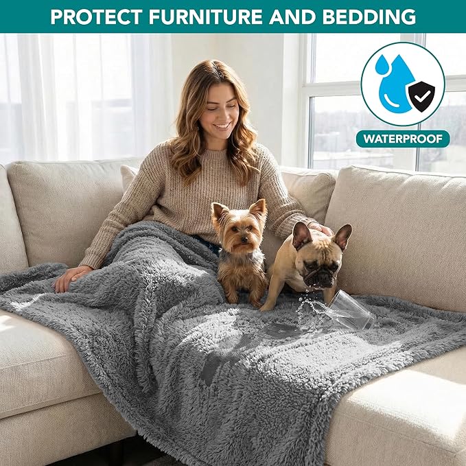 PetAmi Fluffy Waterproof Dog Blanket for Small Medium Dogs, Soft Warm Pet Sherpa Throw Pee Proof Couch Cover, Reversible Cat Puppy Bed Blanket Sofa Protector, Plush Washable Pad (Light Grey, 29x40)