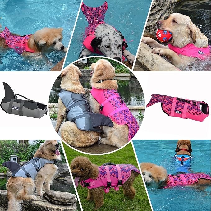 Queenmore Dog Life Jacket Ripstop Shark Dog Safety Vest Adjustable Preserver with High Buoyancy and Durable Rescue Handle for Small,Medium,Large Dogs, Pink Fish Small