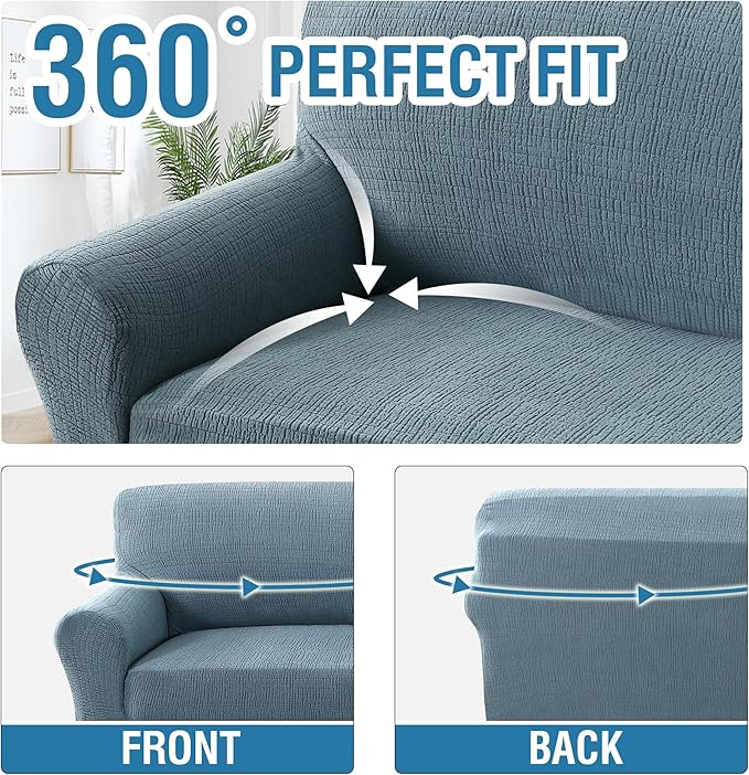 H.VERSAILTEX Stretch Jacquard Couch Cover 1 Piece Soft Sofa Covers Furniture Protector with Elastic Bottom Anti-Slip Thickened Dogs Slipcovers Washable Crizzle Pattern(Sofa, Stone Blue)