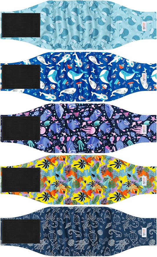 5 Pack Dog Diapers Male Reusable, Premium Belly Bands for Male Dogs, High Absorbing Dog Pee Wraps for Doggie in Incontinence or Excitable Urination and Training Hawaii S