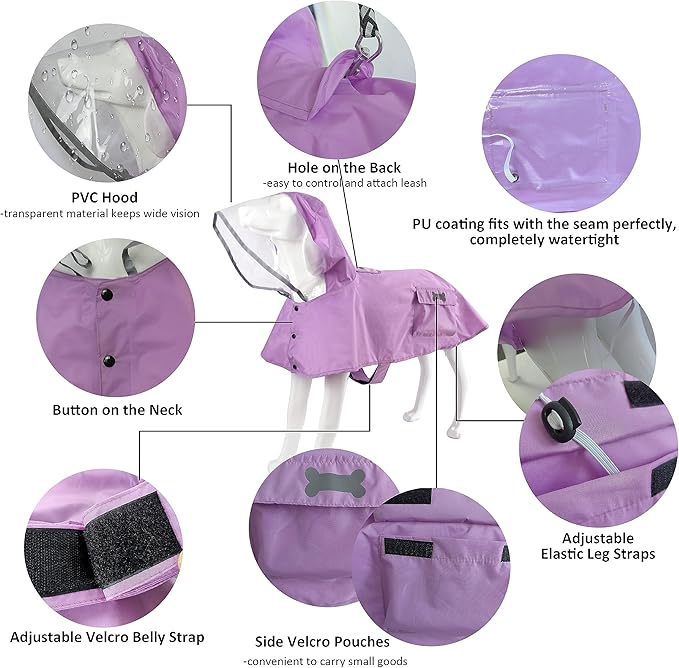 Waterproof Dog Raincoat, Adjustable Reflective Lightweight Pet Rain Clothes with Poncho Hood(XX-Large, Light Purple)