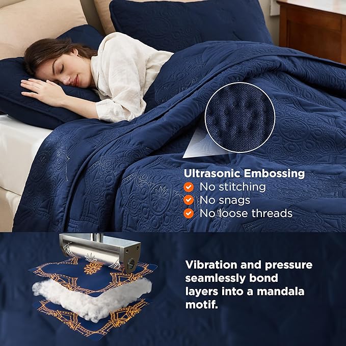 Bedsure Quilts Queen Size - Stitch-Free Ultrasonic Quilting, Navy Blue Bedspread with Modern Vintage Mandala Embossed Pattern, Lightweight All-Season Comforter & Coverlet, 90 x 96 Inches | Stitch-Free Quilting, Ultra Soft, Lightweight, Machine Washable...