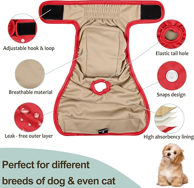 Female Dog Diapers 5Pcs - Premium Reusable Diapers for Doggie in Heat - Highly Absorbent Dog Diapers Female for Pet Incontinence, Red, M