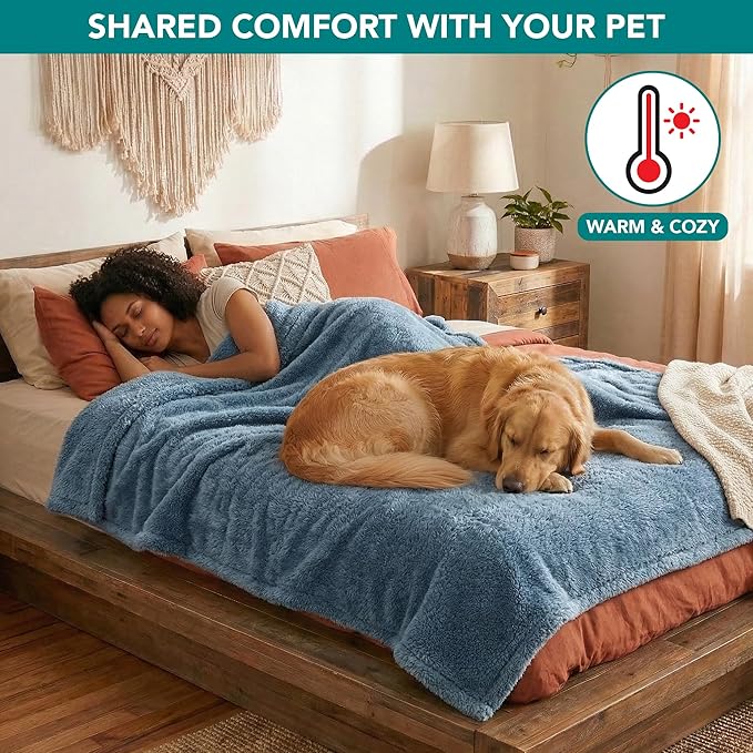 PetAmi Fluffy Waterproof Dog Blanket for Medium Large Dogs, Soft Warm Pet Sherpa Throw Pee Proof Couch Cover, Reversible Cat Bed Blanket Sofa Protector, Plush Washable Pad (Dusty Blue, 40x60)