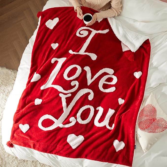 Bedsure Valentines Day Throw Blanket - Soft and Warm Sherpa Heart Throws Valentines Day Gifts for Him and Her, I Love You Red 50"x60"