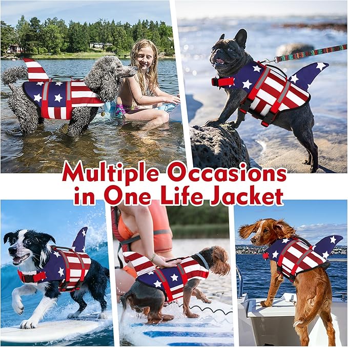 Dogcheer Dog Life Jacket Shark, American Flag Dog Life Vest with Reflective Stripes & Rescue Handle, Adjustable High Buoyancy Puppy Swim Float Vest for Small Medium Large Dogs - USA Flag, XS