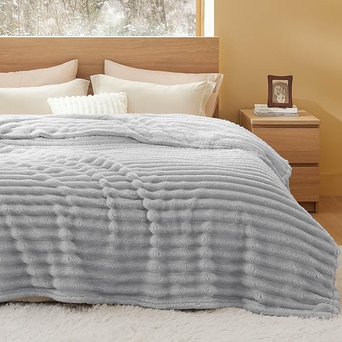 Bedsure Blankets Queen Size for Bed - 350GSM Super GentleSoft Fuzzy Fluffy Cozy Blankets for Women, Cute Large Plush Fleece Throws for Girls, Light Grey，90x90 Inches, Wider Striped Design