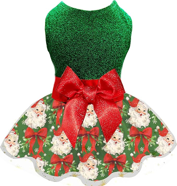 Christmas Dog Dress, Festive Holiday Pet Outfit, Shiny Green Top with Glittery Red Bow and Santa Claus Print Skirt for Boys and Girls Small Puppies