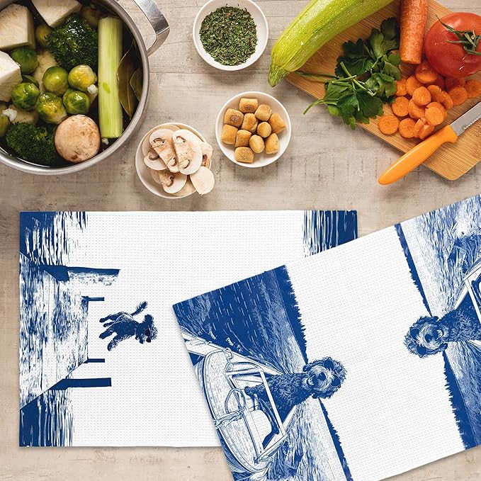 Lake House Decor Portuguese Water Kitchen Towels Set of 2, Summer Funny Lake Dog Coastal Bathroom Hand Towel, Dog Lover Gifts Tea Towel Dish Towels 16x24 Inch