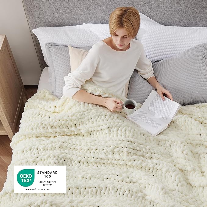 Bedsure Chunky Knit Throw Blanket for Couch - 100% Hand Knitted, 5.06 lbs GentleSoft Blanket with Giant Chenille Yarn for Bed Living Room Home Decor, Thick and Cozy, Cream White, 50x60 Inches