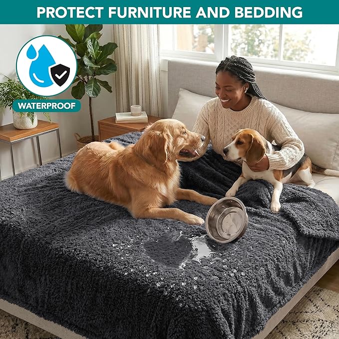 PetAmi Fluffy Waterproof Dog Blanket for Bed Large Dogs, Soft Warm Pet Sherpa Throw Pee Proof Couch Cover, Reversible Cat Blanket Sofa Crate Kennel Protector, Washable Mat (Grey, 60x80)