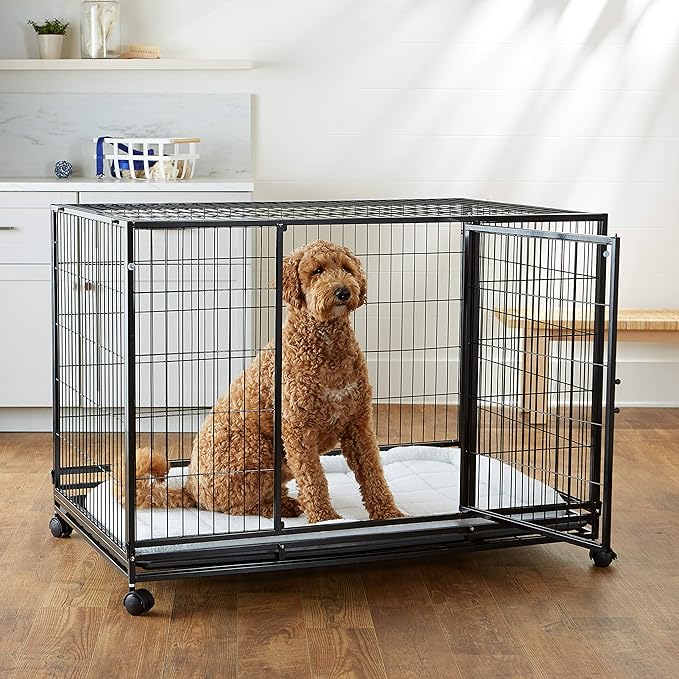 Amazon Basics - Portable Heavy Duty Stackable Dog Pet Kennel with Tray, Black, 48.2" L x 37.8" W x 42.5" H