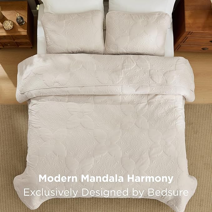 Bedsure King Size Quilt - Stitch-Free Ultrasonic Quilting, Beige Bedspread with Modern Vintage Mandala Embossed Pattern, Lightweight All-Season Comforter & Coverlet, 106 x 96 Inches | Stitch-Free Quilting, Ultra Soft, Lightweight, Machine Washable, Pet...