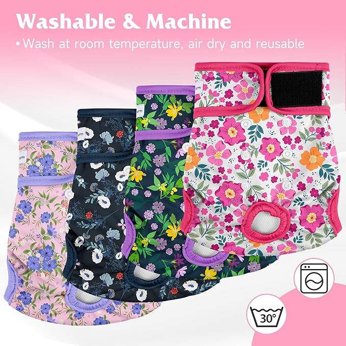 4 Pack Reusable Female Dog Diaper, Highly Absorbent Doggie Diapers for Female Dogs, Dog Diaper Large, Flowers